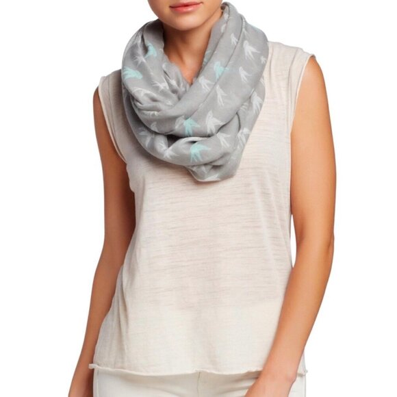 NWOT Infinity Scarf Light Gray Bird Print Viscose Boho Grunge - Picture 5 of 5